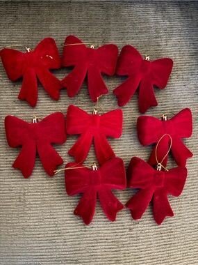 Red Velvet Bow Christmas Ornaments - Set of 8